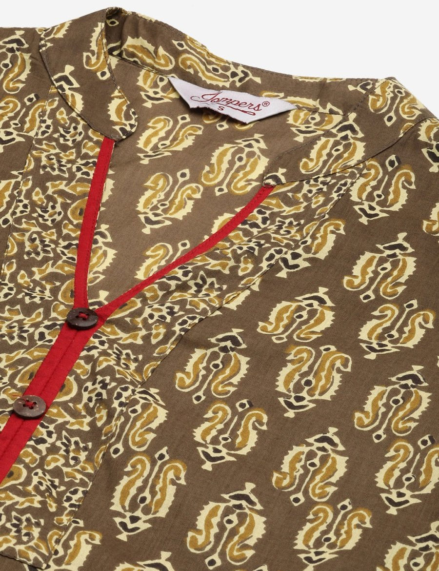 Women Brown and Olive Printed Straight Pure Cotton Kurta - JOK_1419_Brown_S