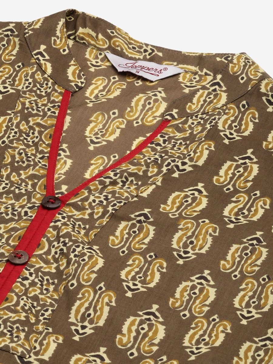 Women Brown and Olive Printed Straight Pure Cotton Kurta - JOK_1419_Brown_S