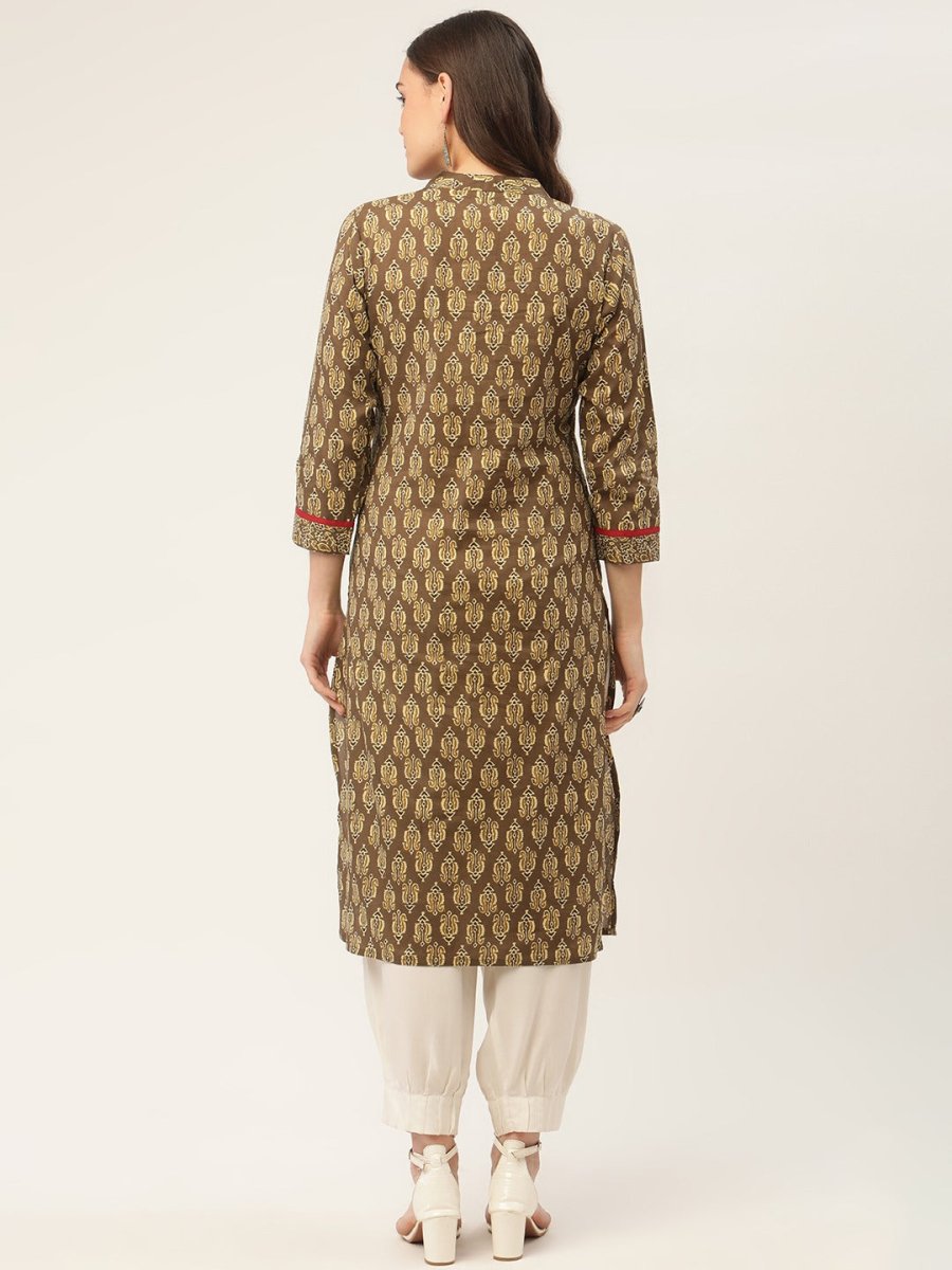 Women Brown and Olive Printed Straight Pure Cotton Kurta - JOK_1419_Brown_S