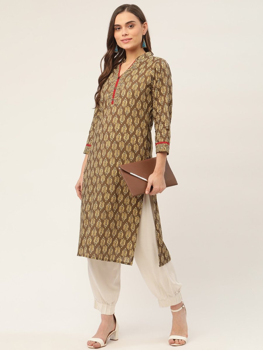 Women Brown and Olive Printed Straight Pure Cotton Kurta - JOK_1419_Brown_S
