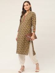 Women Brown and Olive Printed Straight Pure Cotton Kurta - JOK_1419_Brown_S