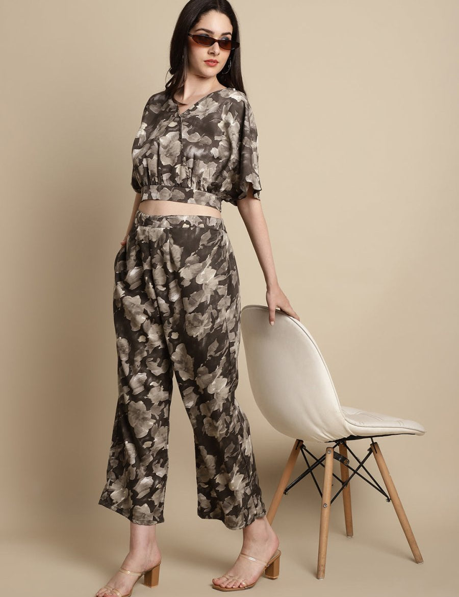 Women Brown Printed Crop Top With Palazzos - JNCS_3006Brown_XS