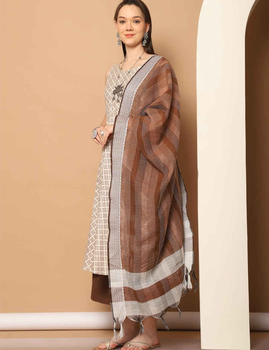 Women Brown Printed Kurta with Palazzos & With Kantha Work Dupatta - JOKPL_D61BR_1557_Brown_S
