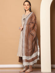 Women Brown Printed Kurta with Palazzos & With Kantha Work Dupatta - JOKPL_D61BR_1557_Brown_S