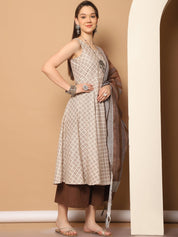Women Brown Printed Kurta with Palazzos & With Kantha Work Dupatta - JOKPL_D61BR_1557_Brown_S
