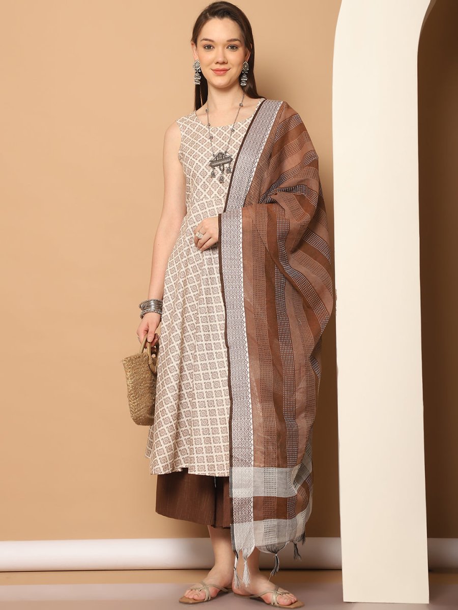 Women Brown Printed Kurta with Palazzos & With Kantha Work Dupatta - JOKPL_D61BR_1557_Brown_S