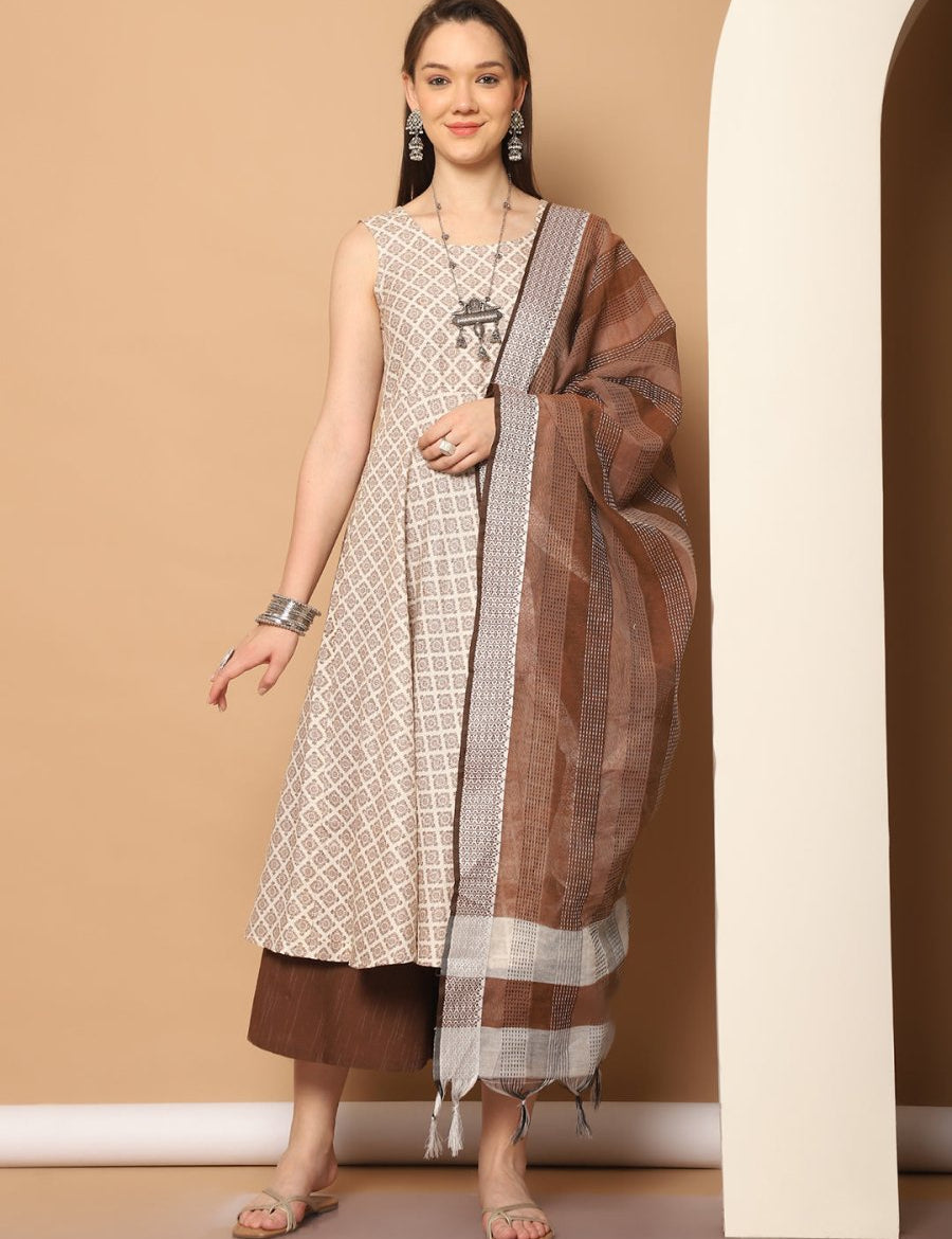Women Brown Printed Kurta with Palazzos & With Kantha Work Dupatta - JOKPL_D61BR_1557_Brown_S