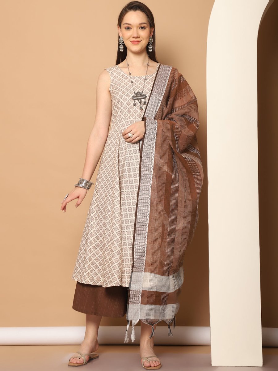 Women Brown Printed Kurta with Palazzos & With Kantha Work Dupatta - JOKPL_D61BR_1557_Brown_S
