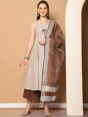 Women Brown Printed Kurta with Palazzos & With Kantha Work Dupatta - JOKPL_D61BR_1557_Brown_S