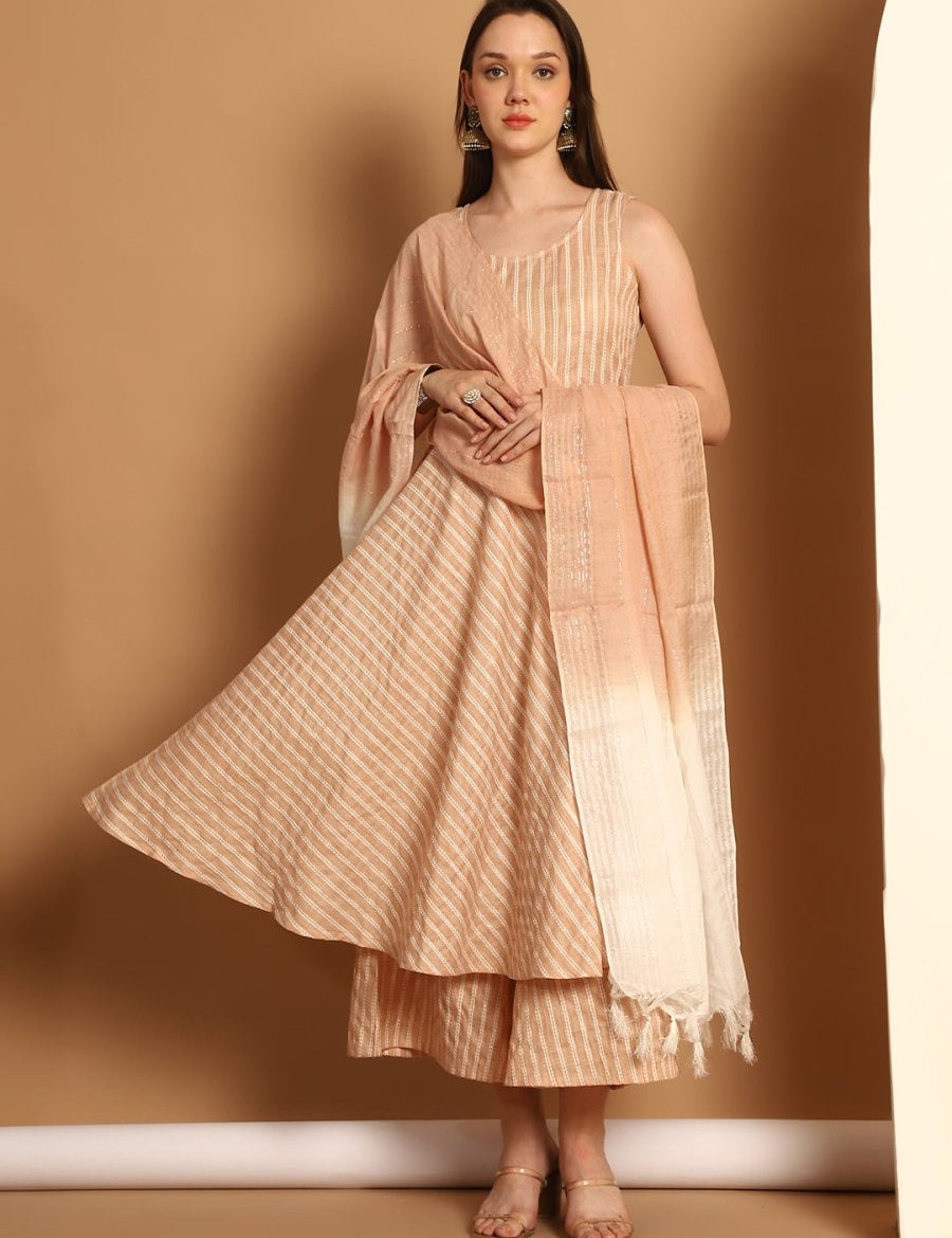Women Brown Woven Design Flared Kurta with Palazzos & With Dupatta - JOKPL_D59BR_1553_Brown_S