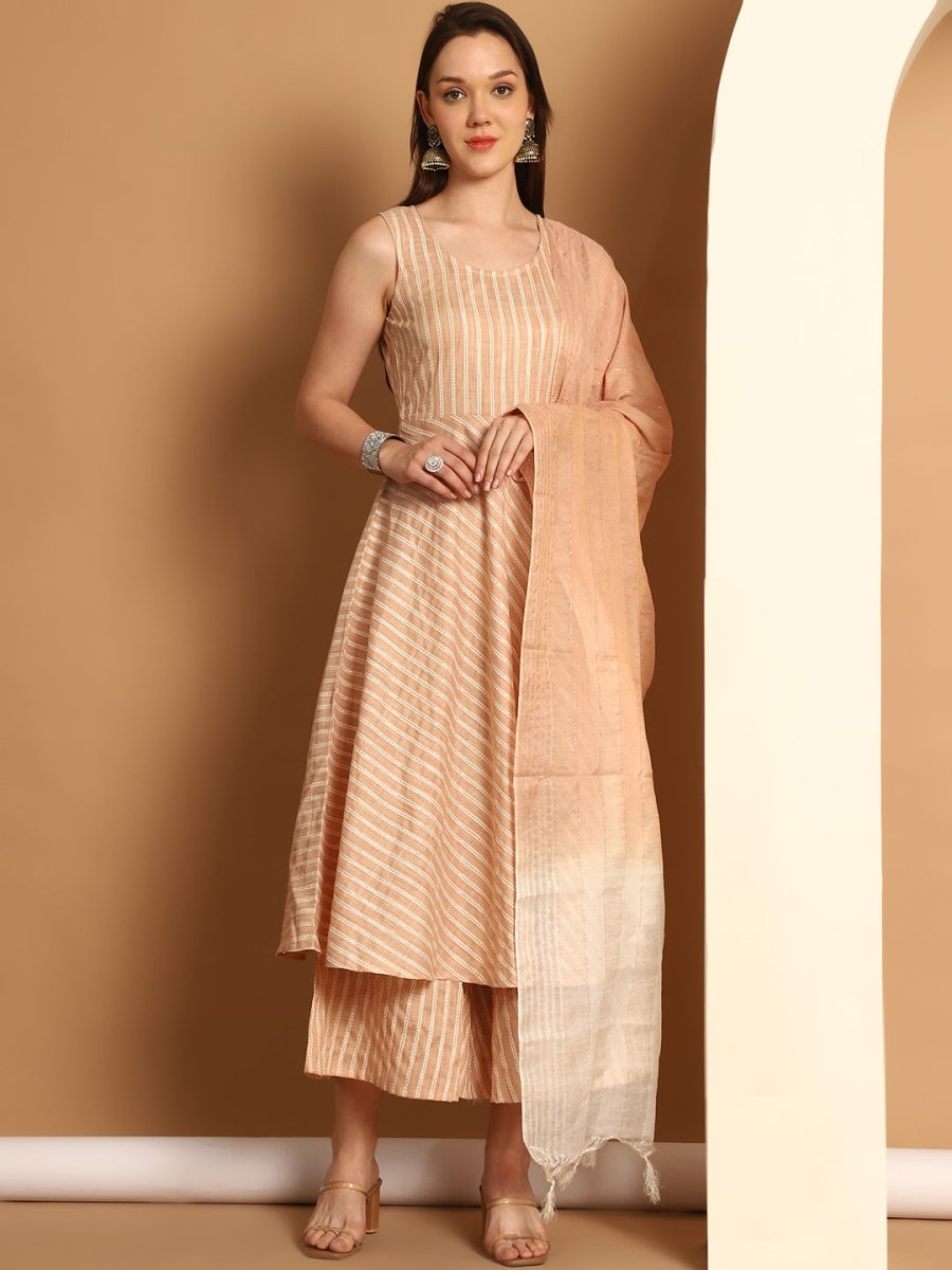 Women Brown Woven Design Flared Kurta with Palazzos & With Dupatta - JOKPL_D59BR_1553_Brown_S