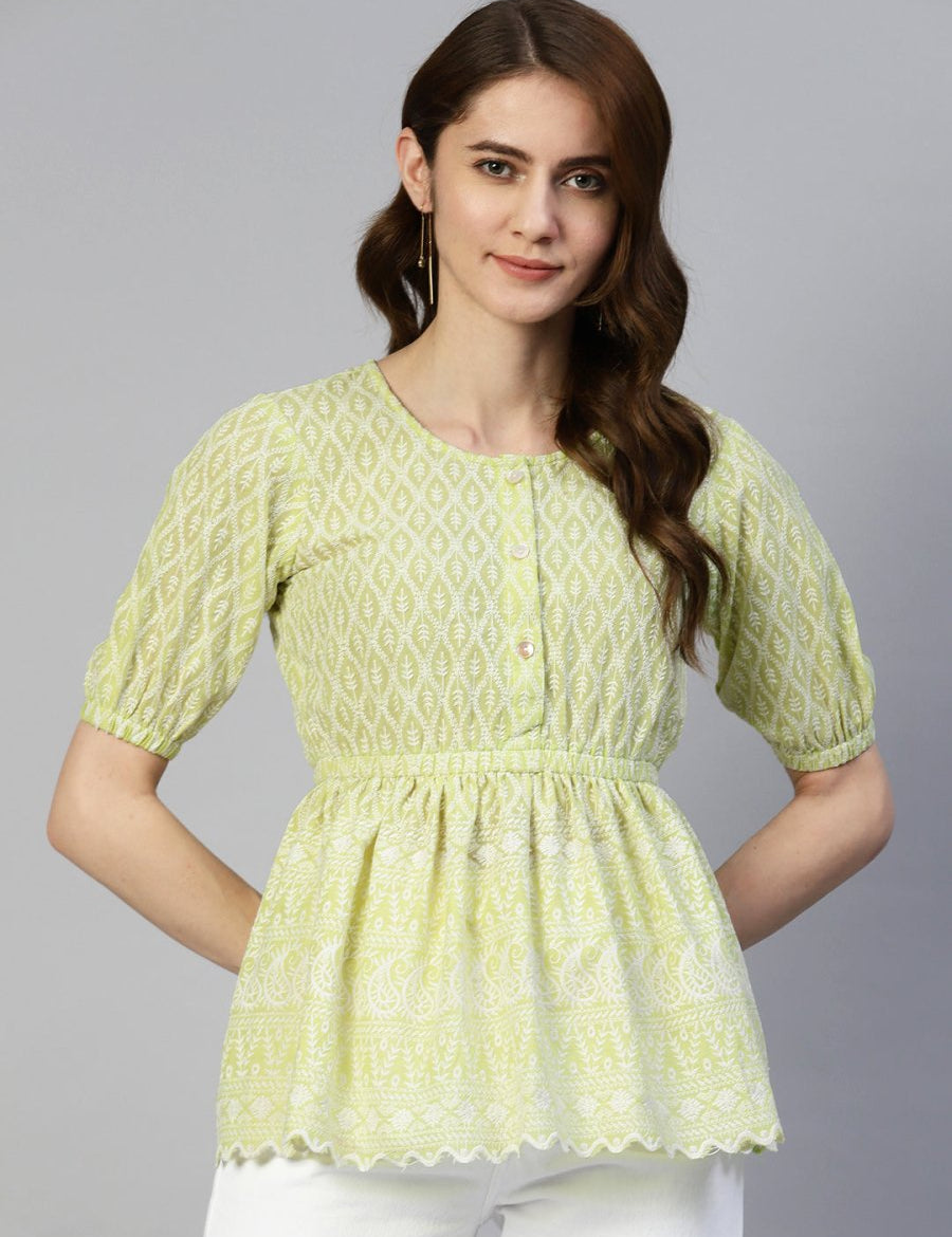 Women Chikankari Work Empire Top - JNT_2011Green_XS