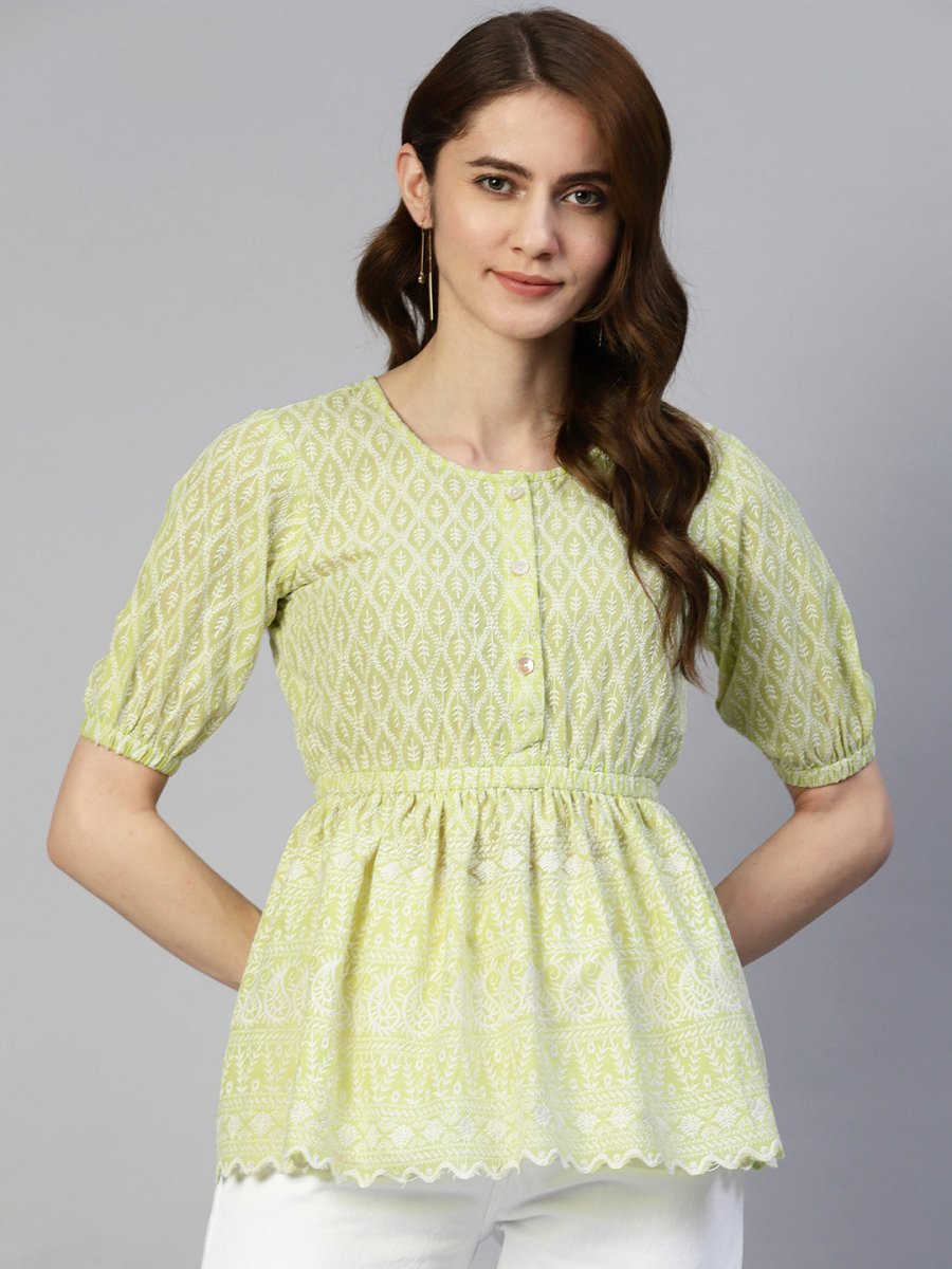 Women Chikankari Work Empire Top - JNT_2011Green_XS
