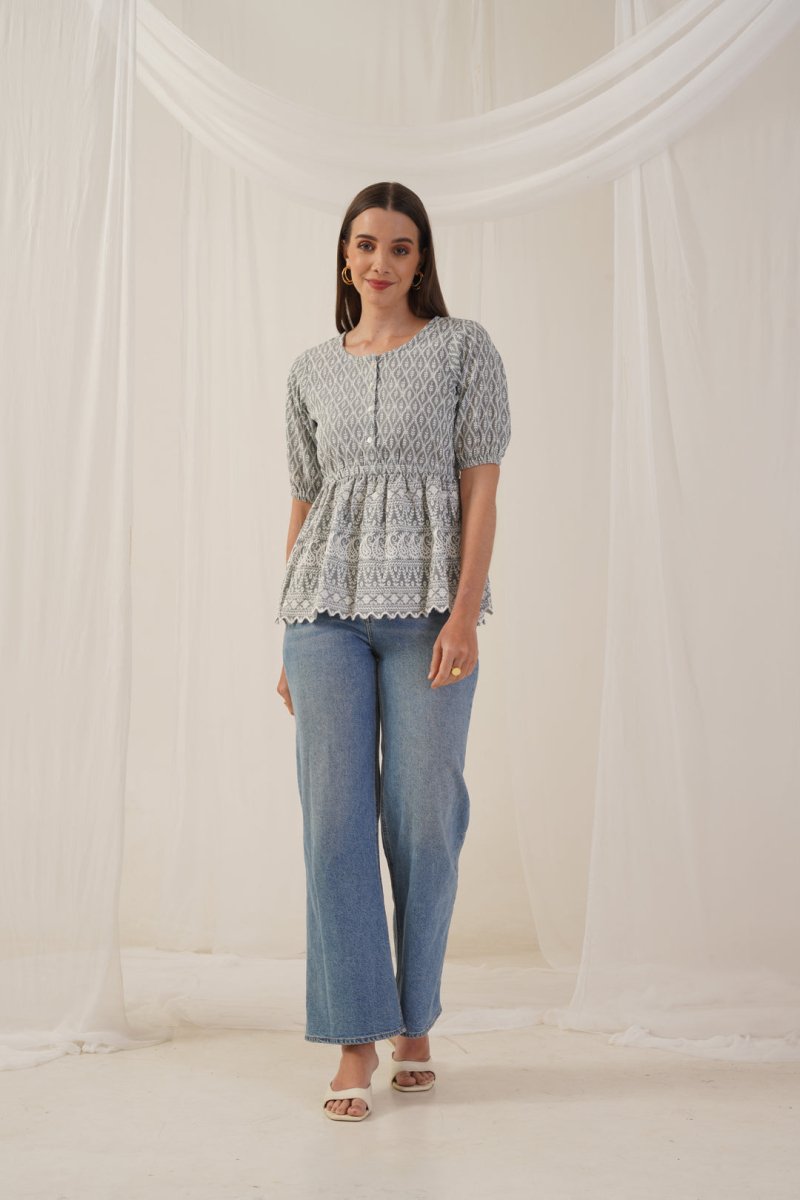 Women Chikankari Work Empire Top - JNT_2011Grey_XS