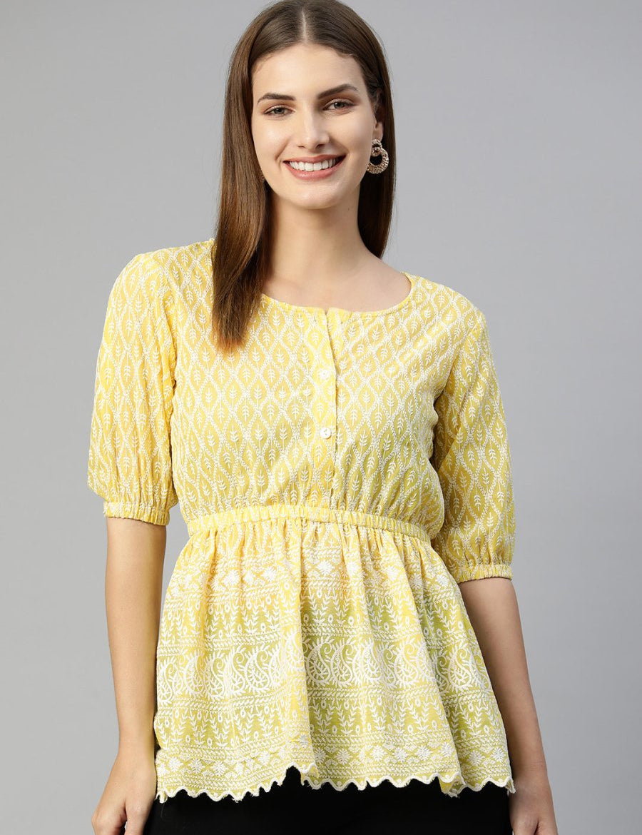 Women Chikankari Work Empire Top - JNT_2011Yellow_XS