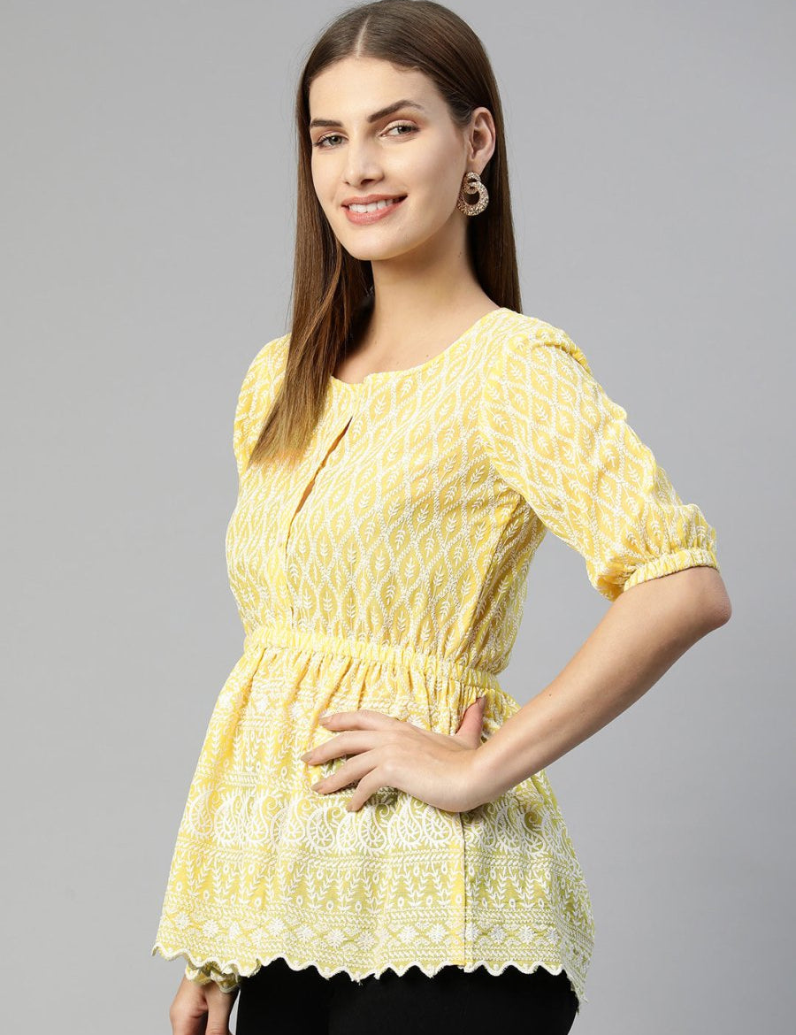 Women Chikankari Work Empire Top - JNT_2011Yellow_XS