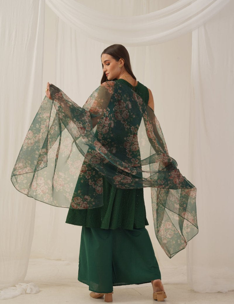 Women Embroidered Sequinned Kurta & Palazzos With Dupatta - JOKPL_D41G_1530_Green_S