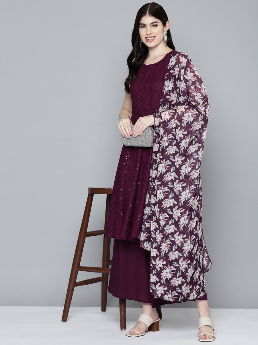 Women Embroidered Sequinned Kurta & Palazzos With Dupatta - JOKPL_D47P_1530_Purple_S