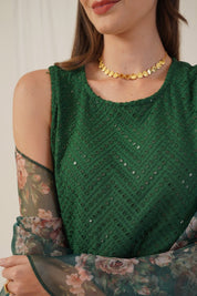 Women Embroidered Sequinned Kurta & Palazzos With Dupatta - JOKPL_D41G_1530_Green_S