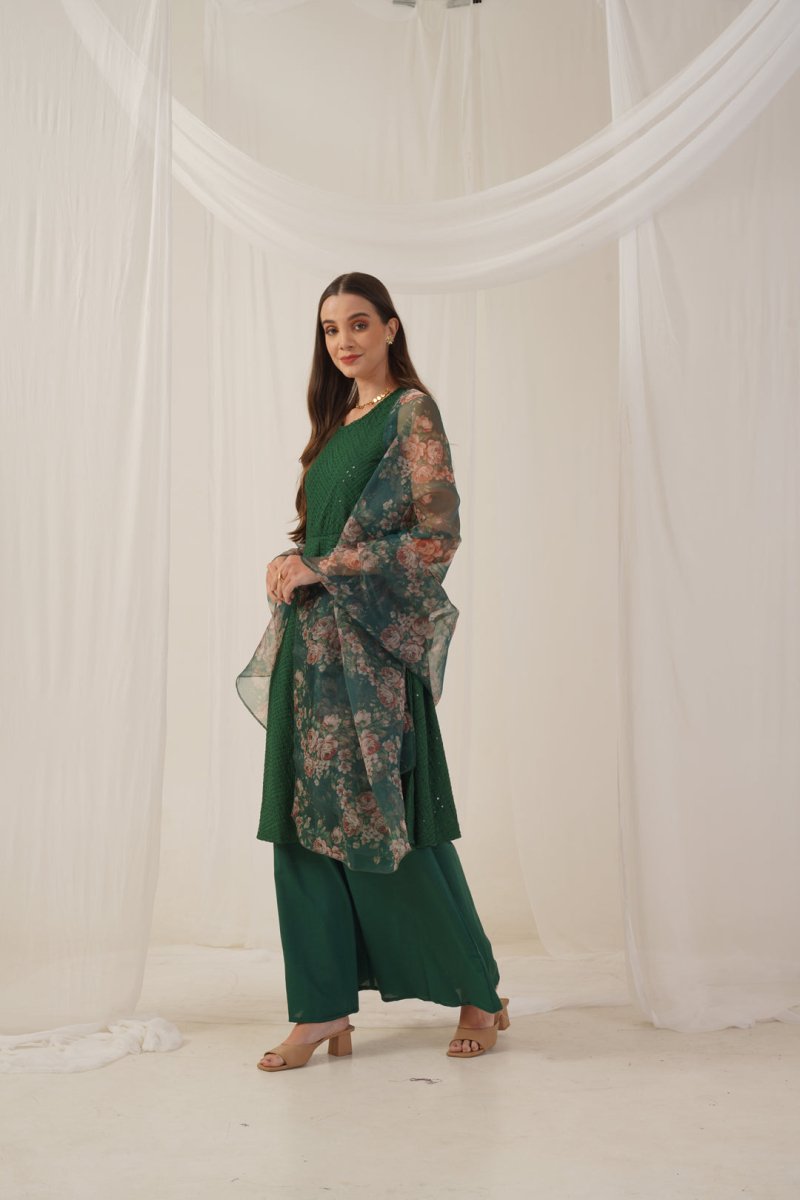 Women Embroidered Sequinned Kurta & Palazzos With Dupatta - JOKPL_D41G_1530_Green_S