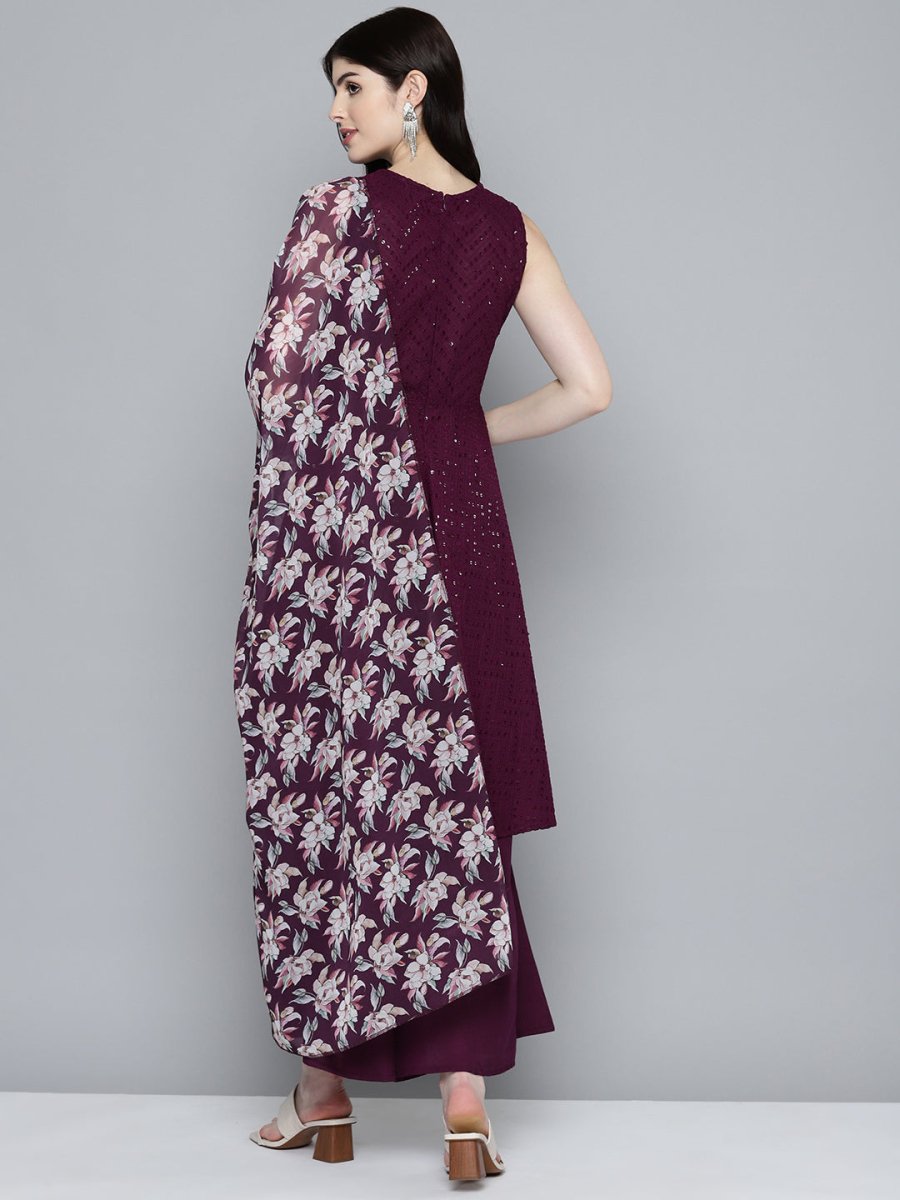 Women Embroidered Sequinned Kurta & Palazzos With Dupatta - JOKPL_D47P_1530_Purple_S