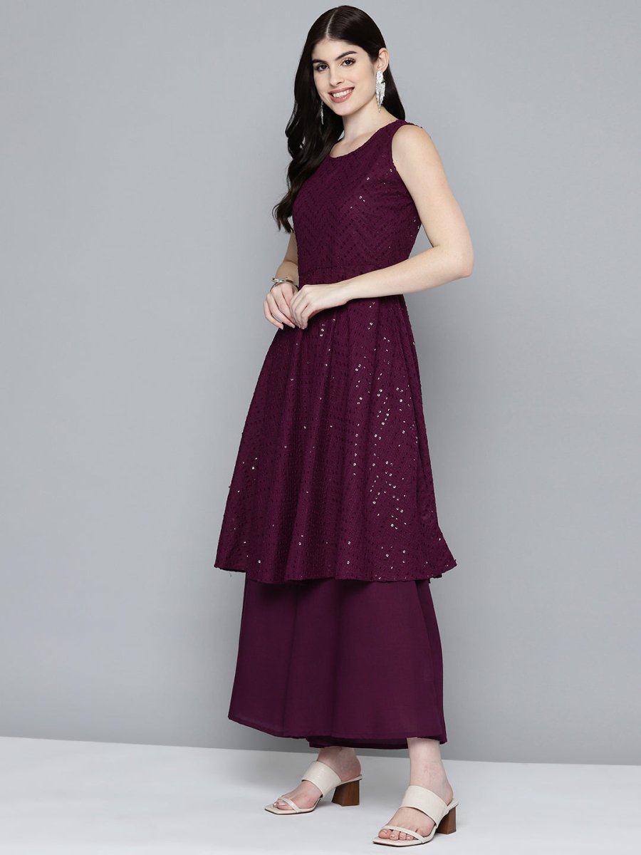 Women Embroidered Sequinned Kurta & Palazzos With Dupatta - JOKPL_D47P_1530_Purple_S