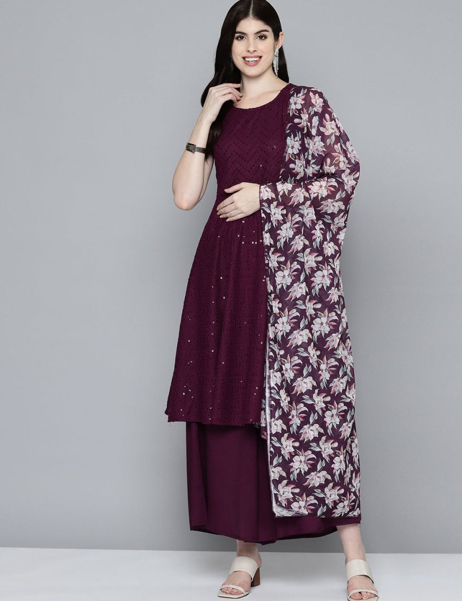 Women Embroidered Sequinned Kurta & Palazzos With Dupatta - JOKPL_D47P_1530_Purple_S