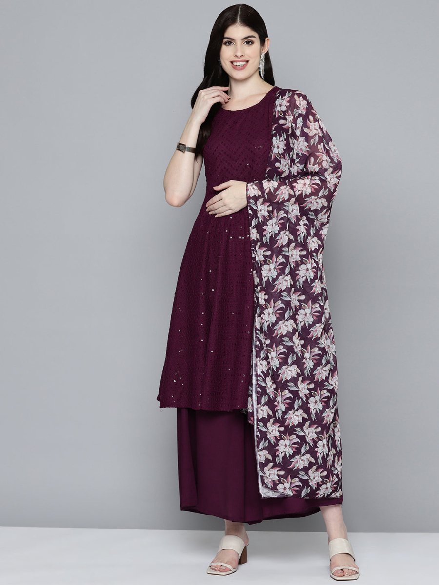 Women Embroidered Sequinned Kurta & Palazzos With Dupatta - JOKPL_D47P_1530_Purple_S