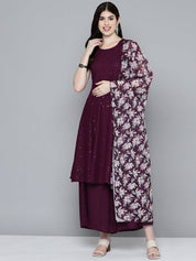 Women Embroidered Sequinned Kurta & Palazzos With Dupatta - JOKPL_D47P_1530_Purple_S