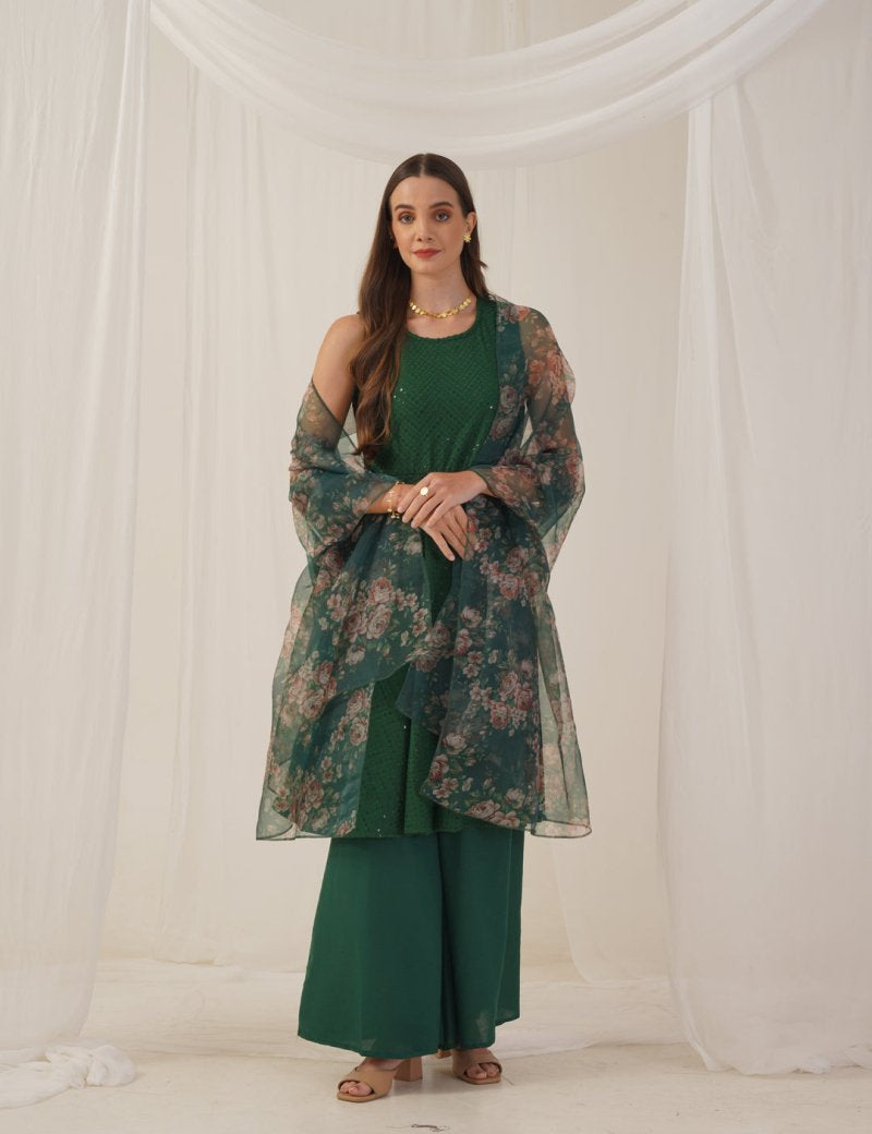 Women Embroidered Sequinned Kurta & Palazzos With Dupatta - JOKPL_D41G_1530_Green_S