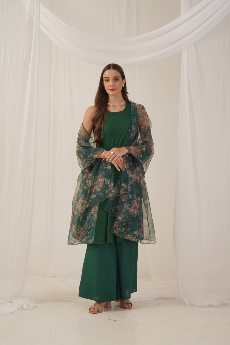 Women Embroidered Sequinned Kurta & Palazzos With Dupatta - JOKPL_D41G_1530_Green_S
