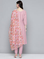 Women Embroidered Thread Work Kurta & Trousers With Dupatta - JOKS_D48M_1531_Purple_S