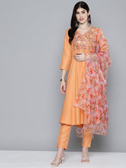 Women Embroidered Thread Work Kurta & Trousers With Dupatta - JOKS_D48M_1531_Orange_S