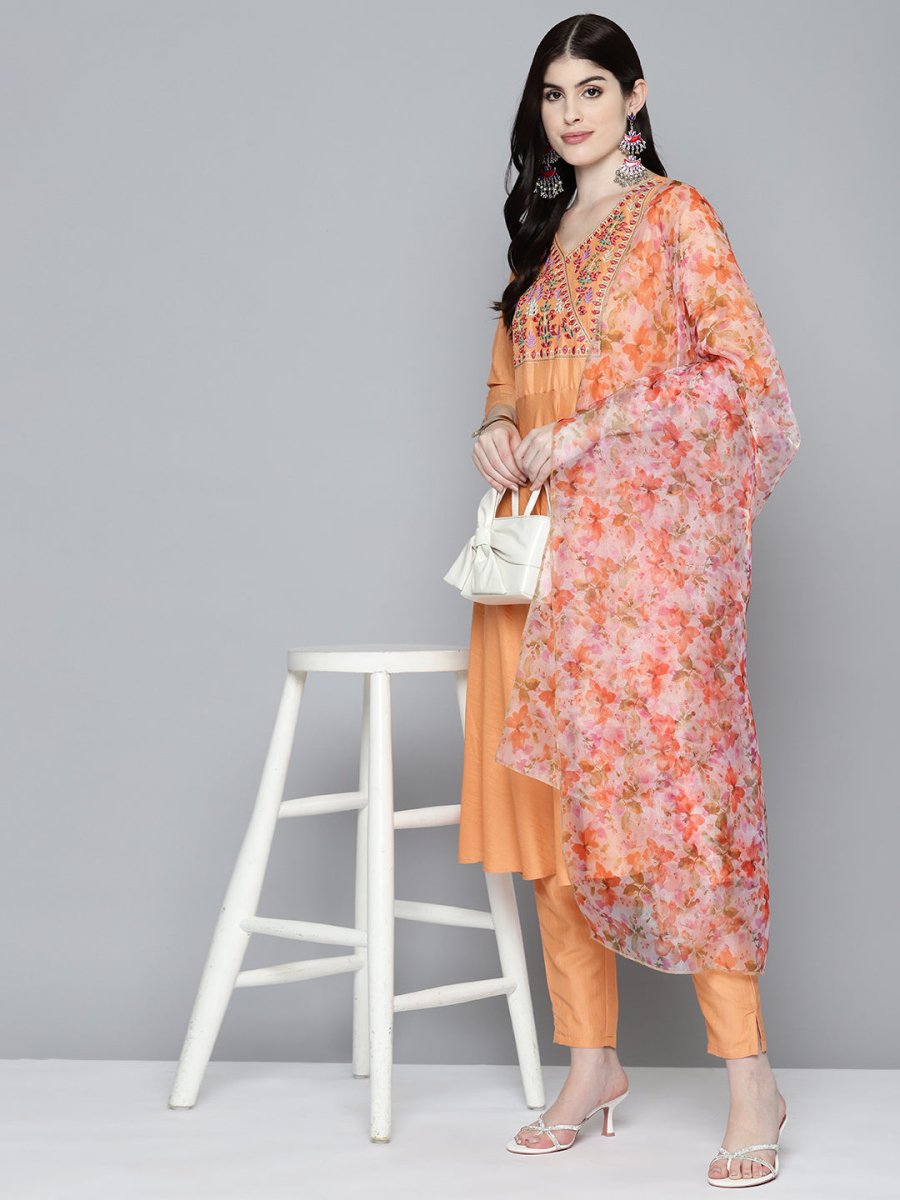 Women Embroidered Thread Work Kurta & Trousers With Dupatta - JOKS_D48M_1531_Orange_S