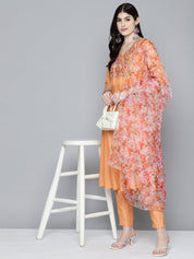 Women Embroidered Thread Work Kurta & Trousers With Dupatta - JOKS_D48M_1531_Orange_S