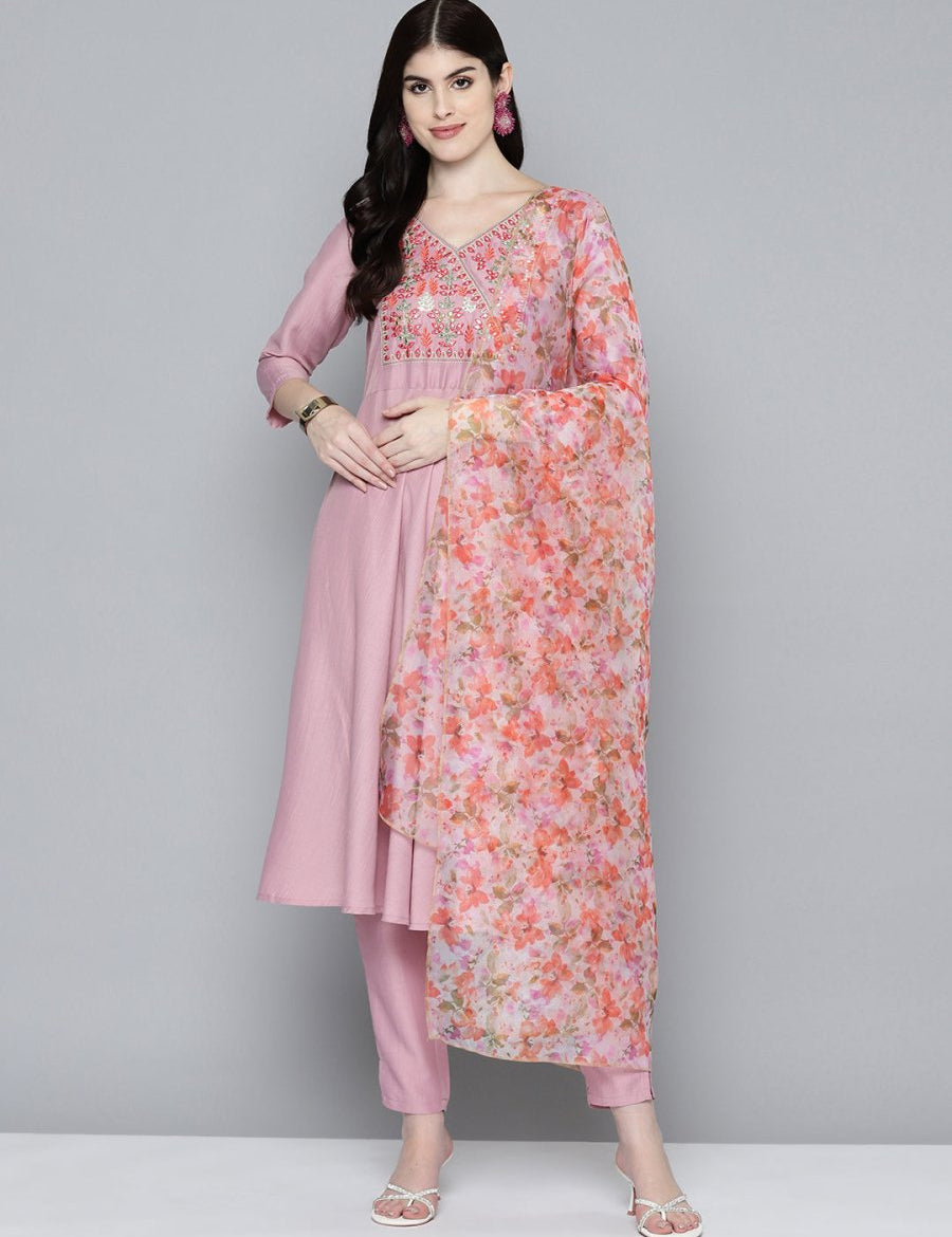 Women Embroidered Thread Work Kurta & Trousers With Dupatta - JOKS_D48M_1531_Purple_S