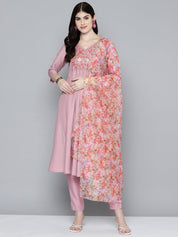 Women Embroidered Thread Work Kurta & Trousers With Dupatta - JOKS_D48M_1531_Purple_S