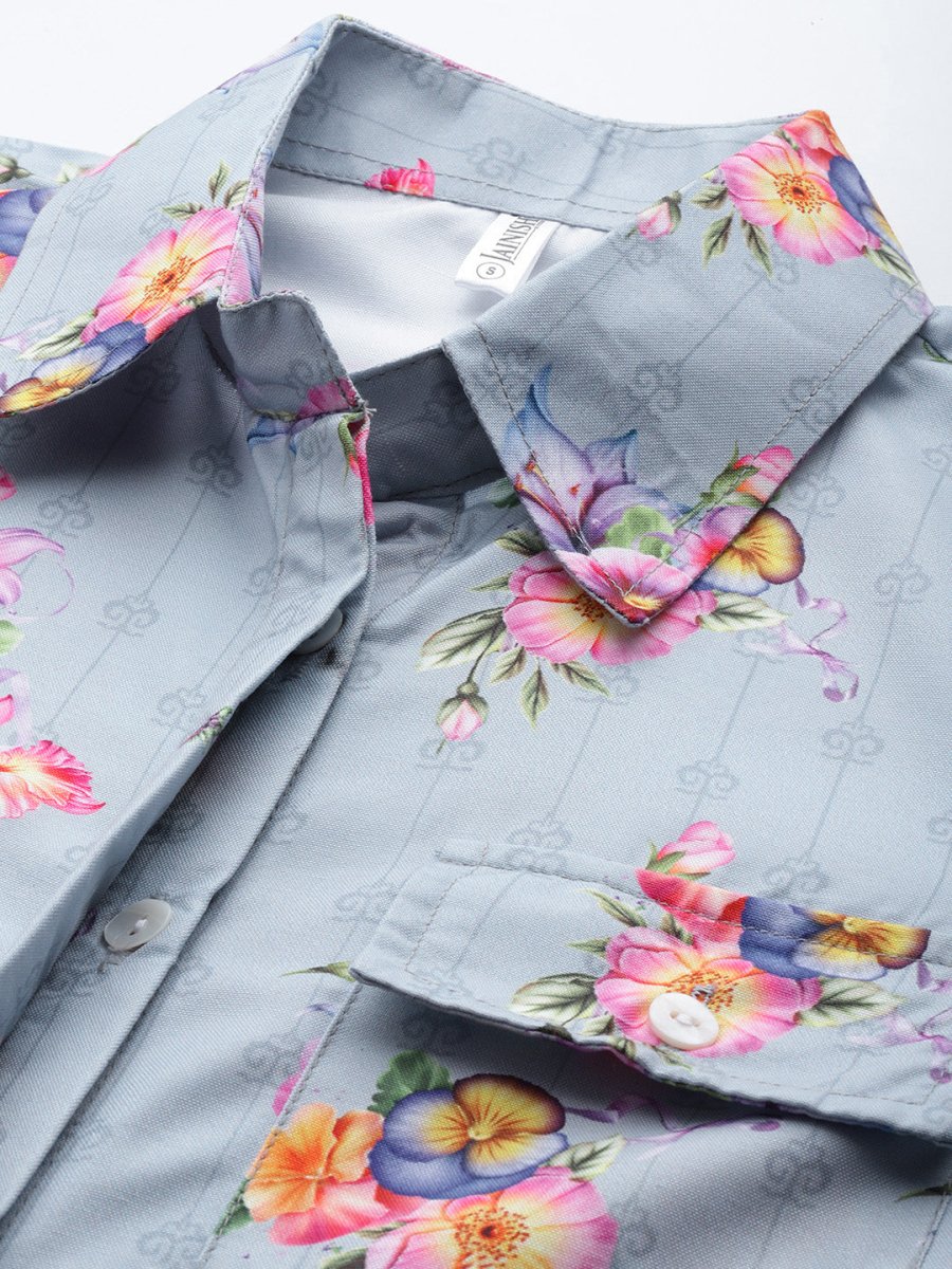 Women Floral Double Pocket Shirt Style Top - JNT_2009Grey_XS
