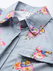 Women Floral Double Pocket Shirt Style Top - JNT_2009Grey_XS