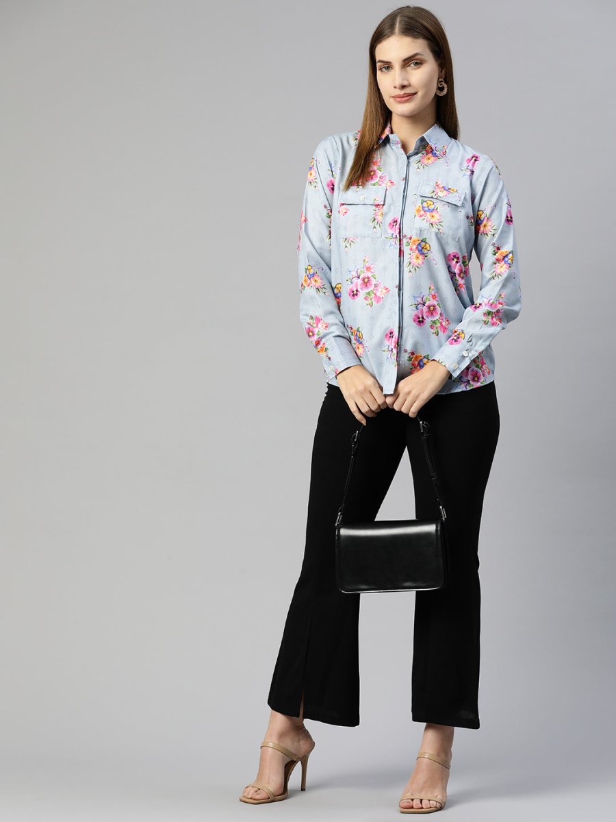 Women Floral Double Pocket Shirt Style Top - JNT_2009Grey_XS