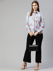 Women Floral Double Pocket Shirt Style Top - JNT_2009Grey_XS