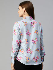 Women Floral Double Pocket Shirt Style Top - JNT_2009Grey_XS