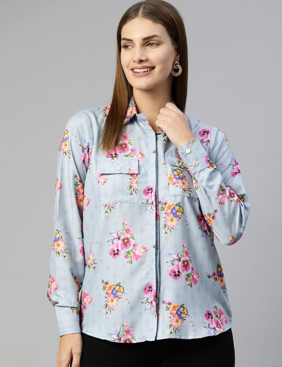 Women Floral Double Pocket Shirt Style Top - JNT_2009Grey_XS