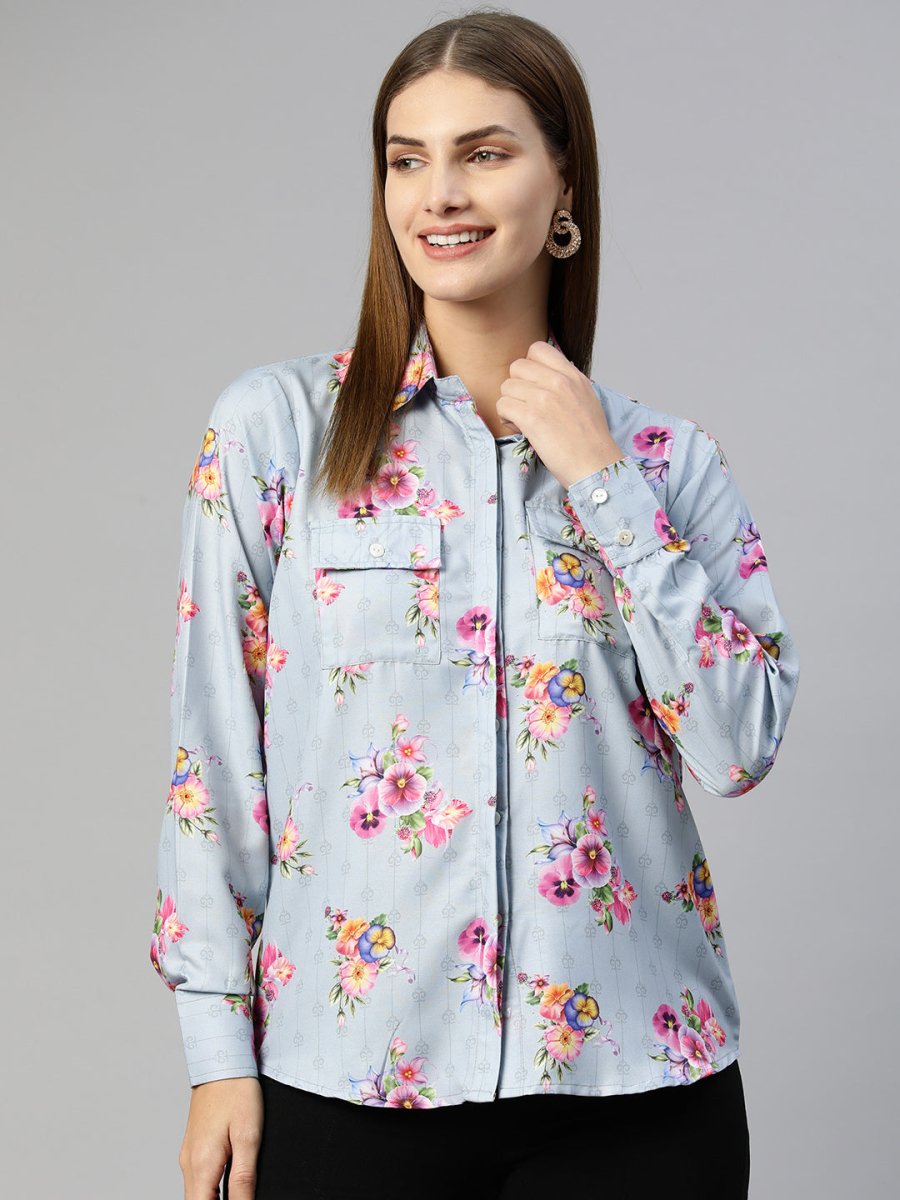 Women Floral Double Pocket Shirt Style Top - JNT_2009Grey_XS