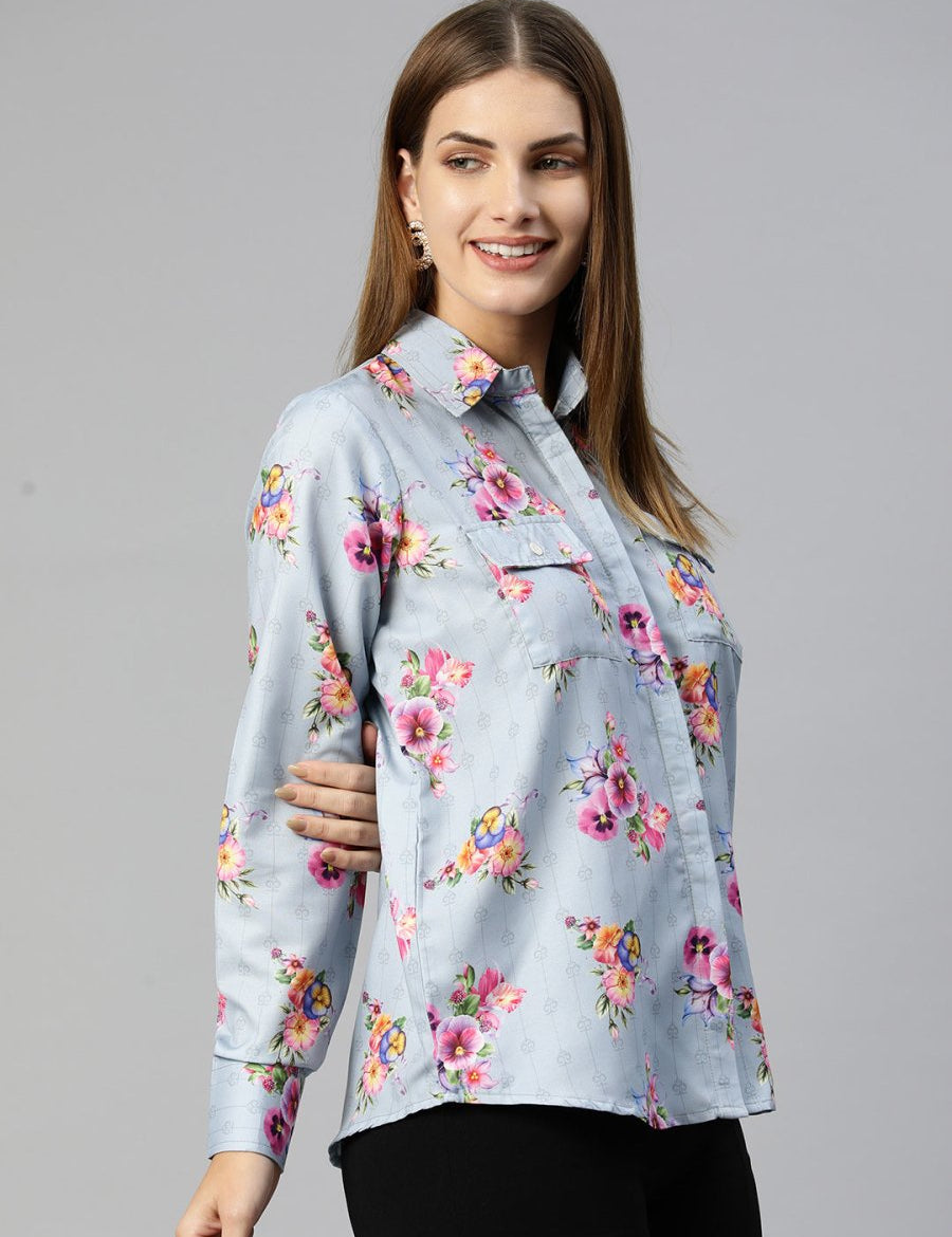 Women Floral Double Pocket Shirt Style Top - JNT_2009Grey_XS