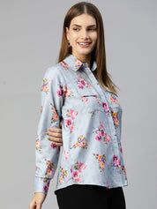 Women Floral Double Pocket Shirt Style Top - JNT_2009Grey_XS
