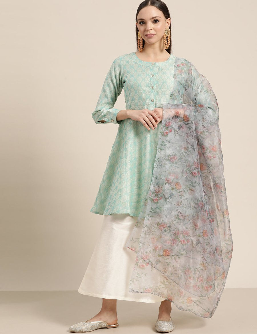 Women Floral Pleated Dupion Silk Jacquard Kurta with Palazzos & Dupatta - JOKPL_D34W_1480_Blue_S