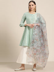 Women Floral Pleated Dupion Silk Jacquard Kurta with Palazzos & Dupatta - JOKPL_D34W_1480_Blue_S