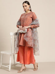 Women Floral Pleated Dupion Silk Jacquard Kurta with Palazzos & Dupatta - JOKPL_D34W_1480_Orange_S