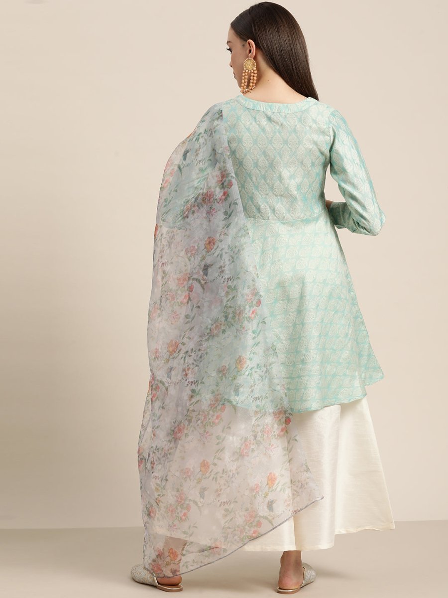 Women Floral Pleated Dupion Silk Jacquard Kurta with Palazzos & Dupatta - JOKPL_D34W_1480_Blue_S